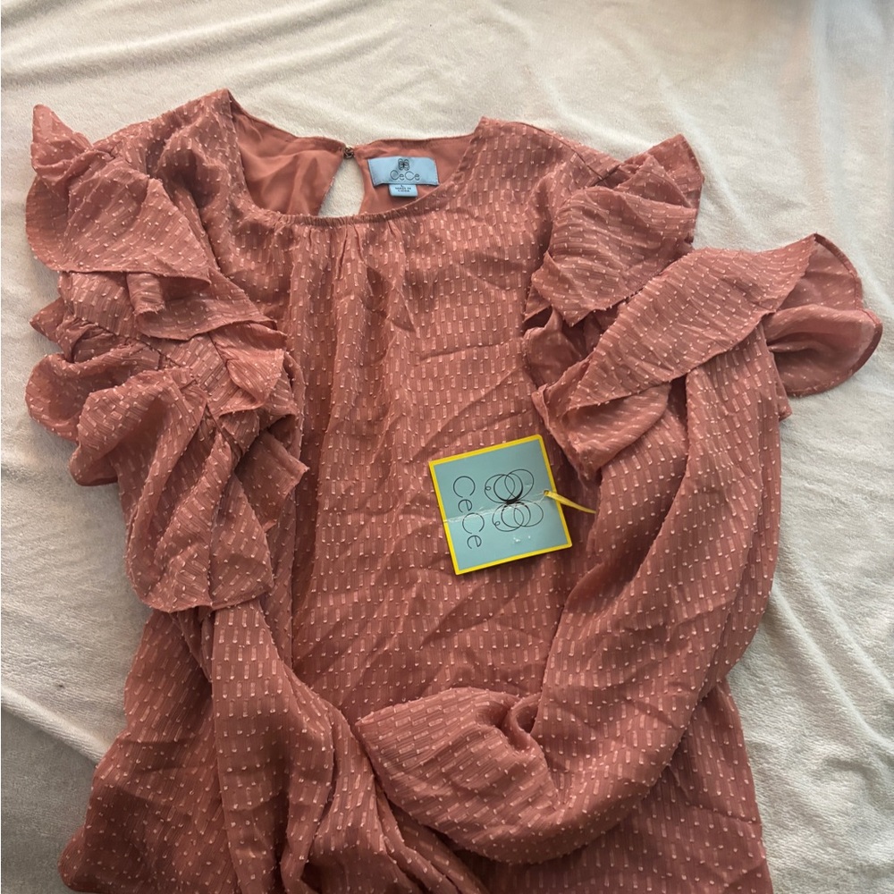 NWT CeCe Ruffle Pink Chiffon Long Sleeve Blouse Dusty Rose Ruffled Pink Blouse